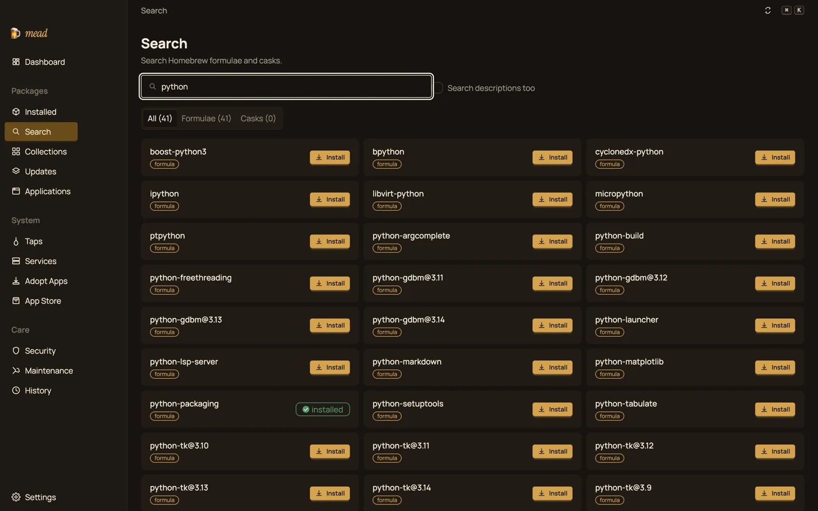 The mead Search view showing live results for the term python, including formulae like ipython and python-matplotlib with install buttons.